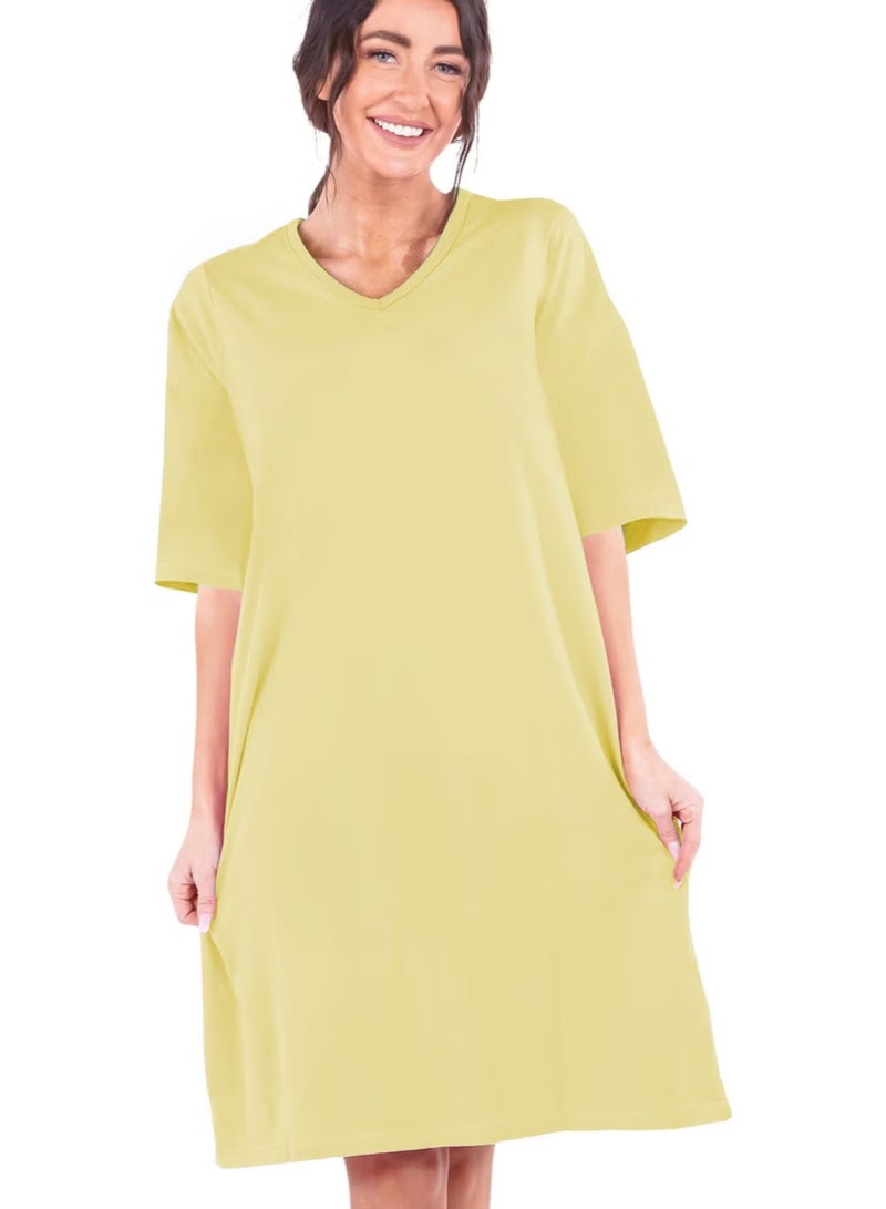Rock&Roll Plain Light Yellow V Neck Half Sleeve Knee Length Comfortable Home Dress Nightgown - Image 1